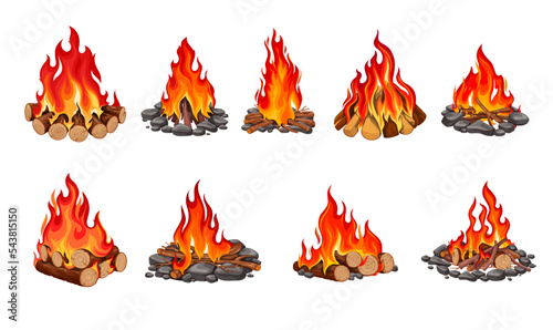 Bonfire set, burning wooden logs and hot flames vector illustration. Cartoon isolated firewood, flammable coals burn in fire of summer forest or beach campfire or fireplace, red light of night camp