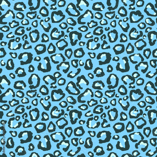 Leopard, cheetah skin print. Animal fur seamless pattern. Black and blue spots on blue background repeat print. Wild life design for textile, fabric, wallpaper, wrapping paper, decoration.