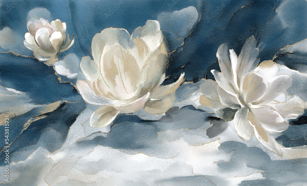 watercolor painting with abstract blue and white flowers water lilies, leaves. Botanic print background on canvas -  triptych In Interior, art wallpaper - obrazy, fototapety, plakaty 