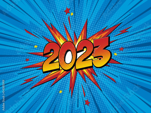 Happy new year 2023 comic greetings card with lightning blast.