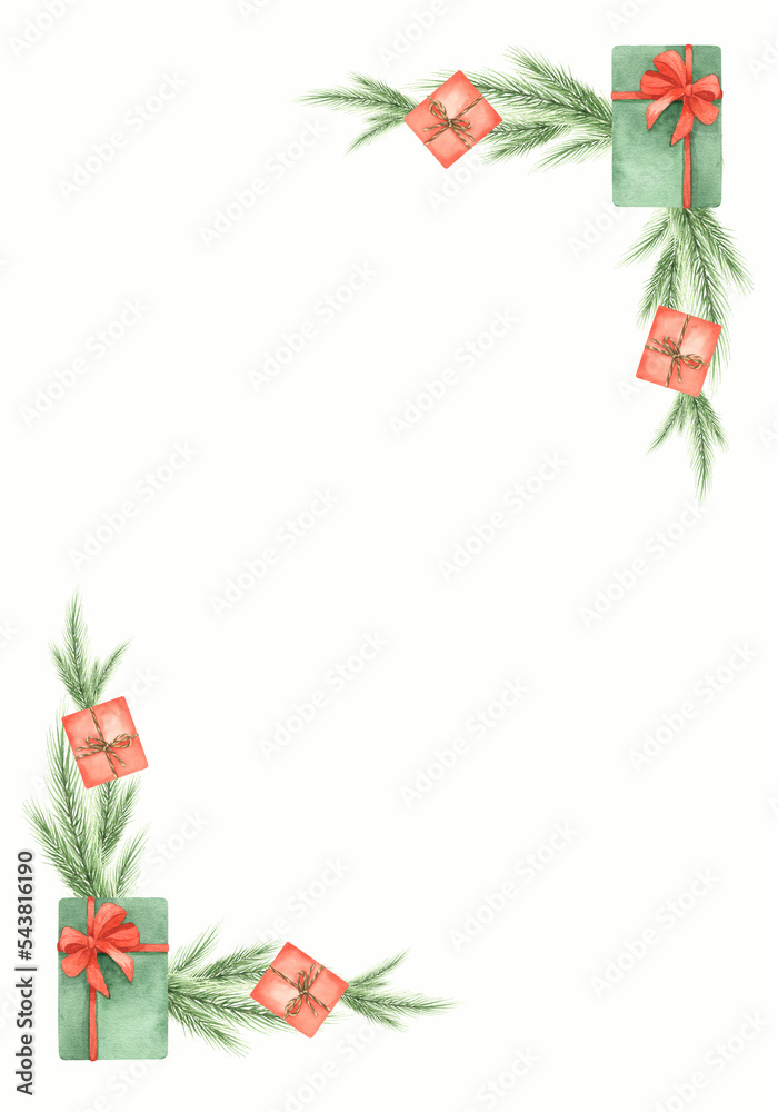 Watercolor christmas design composition of fir branches and gifts. Christmas illustration for winter cover, invitations, banner, greeting cards.