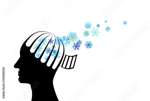 Man with head from cage with flying up snowflakes. photo