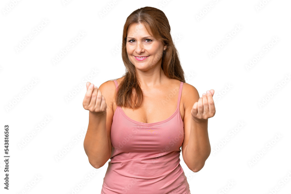 Middle-aged caucasian woman over isolated background making money gesture Middle-aged caucasian woman over isolated background making money gesture