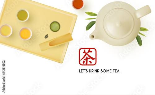 3D teapot and tea cups with tray on white background. Top view. Chinese tea ceremony.