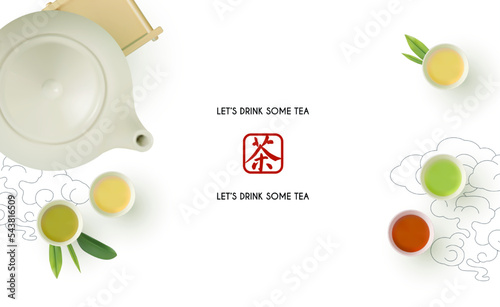 3D teapot and tea cups with tray on white background. Top view. Chinese tea ceremony.
