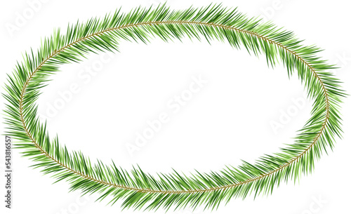 Christmas tree decorations. Fir branches design elements. Oval frame with copy space