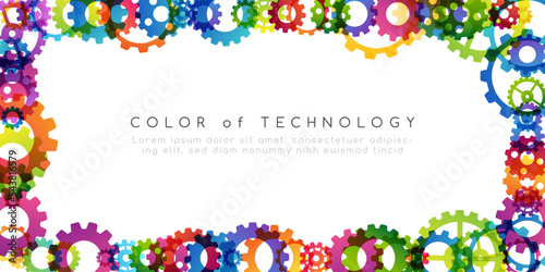 Technology abstract background from rainbow gearwheels composition. Horizontal frame for teamwork, industrial, communication or automation conceptual design.