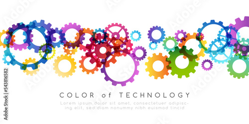 Technology abstract background from rainbow gearwheels composition. Horizontal border for teamwork, industrial, communication or automation conceptual design.