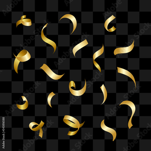 Set of gold flying confetti in realistic style. Decorations for birthday, anniversary or party design.