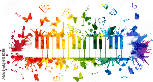 Creative rainbow musical illustration. Vector decoration element with piano keys, notes and flying butterflies.