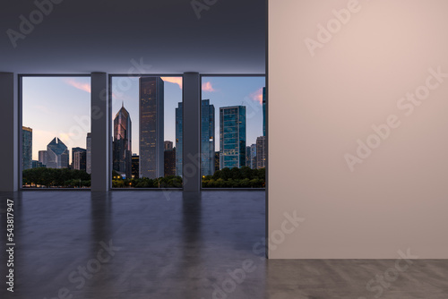 Downtown Chicago City Skyline Buildings Window background. Copy space white wall. Empty room Interior Skyscrapers View. Mockup concept. Sunset. 3d rendering.