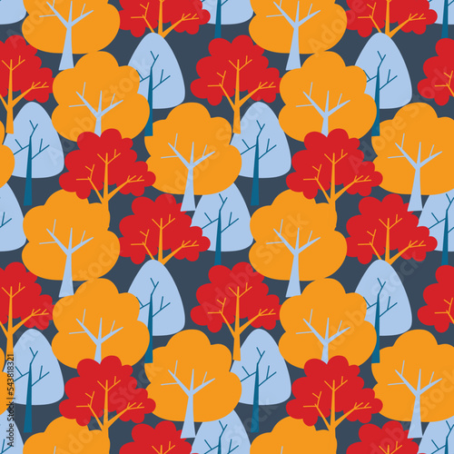 Vector pattern with cute Scandinavian multicolored trees in the style of doodle, hugge