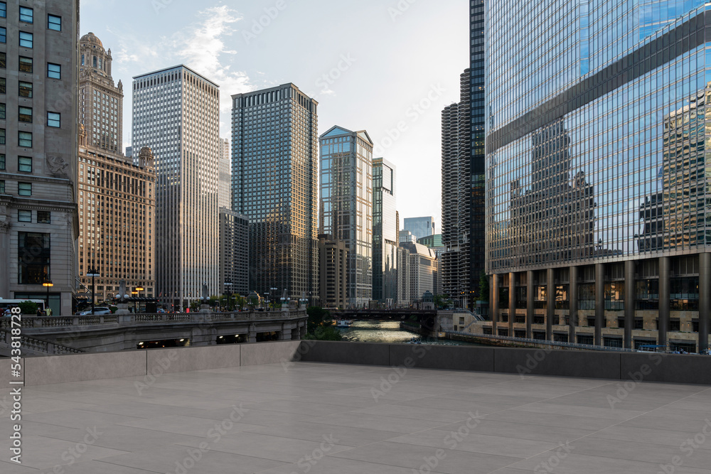 Skyscrapers Cityscape Downtown, Chicago Skyline Buildings. Beautiful Real Estate. Day time. Empty rooftop View. Success concept.