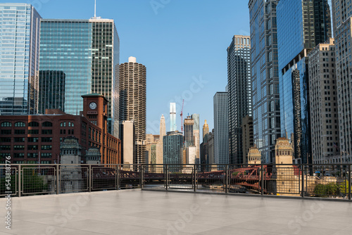 Skyscrapers Cityscape Downtown, Chicago Skyline Buildings. Beautiful Real Estate. Day time. Empty rooftop View. Success concept.