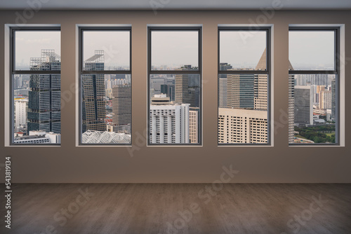 Downtown Singapore City Skyline Buildings from High Rise Window. Beautiful Expensive Real Estate overlooking. Empty room Interior Skyscrapers View. Sunset. 3d rendering.