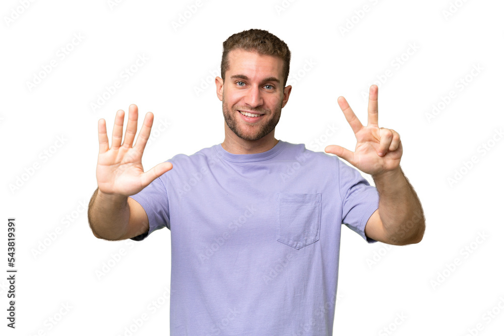 Young handsome caucasian man isolated on green chroma background counting eight with fingers Young handsome caucasian man isolated on green chroma background counting eight with fingers