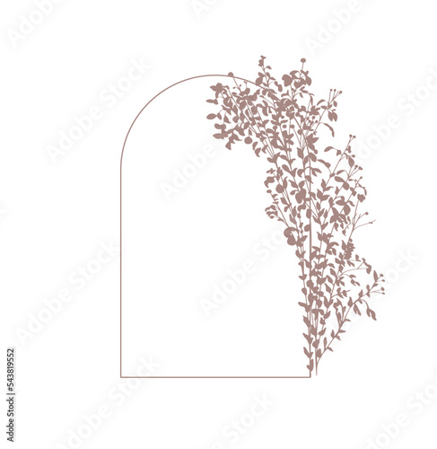 Elegant tender arch with flowers roses, tree branches and leaves. Vector illustration for greeting and invite card. Floral silhouette design.