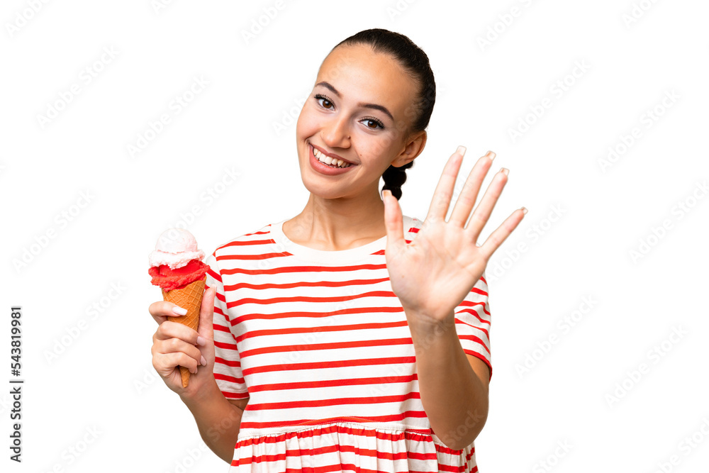 Young Arab woman with a cornet ice cream over isolated background counting five with fingers