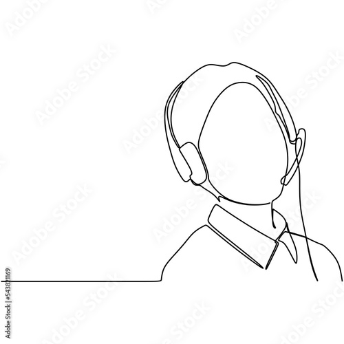 Continuous line drawing a young female customer service operator sitting in front of a computer with a headset