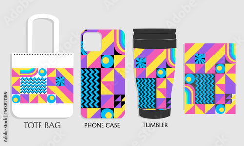 Retro geometric style Textile tote bag mockup.Bauhaus forms. design for cloth, clothes, phone case, tumbler. 