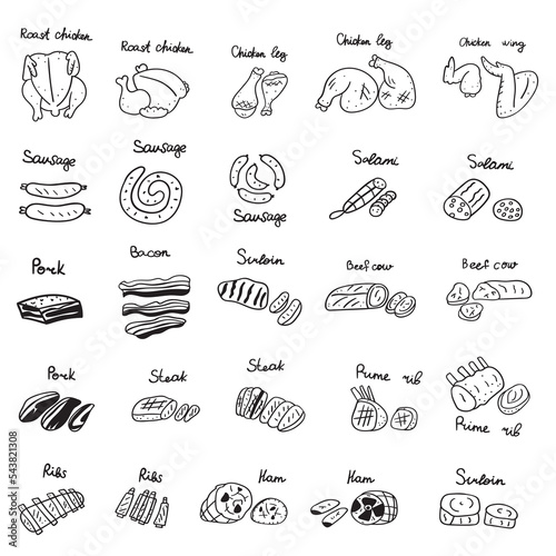 Meat products. Collection of outline icons on white background.