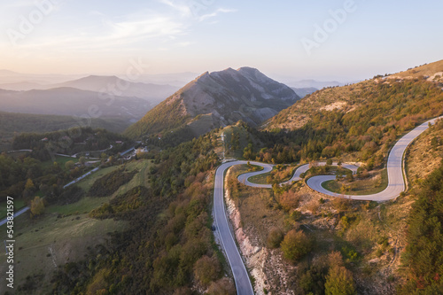 Aerial view of curvy road on monte Nerone slope in Marche region in Italy