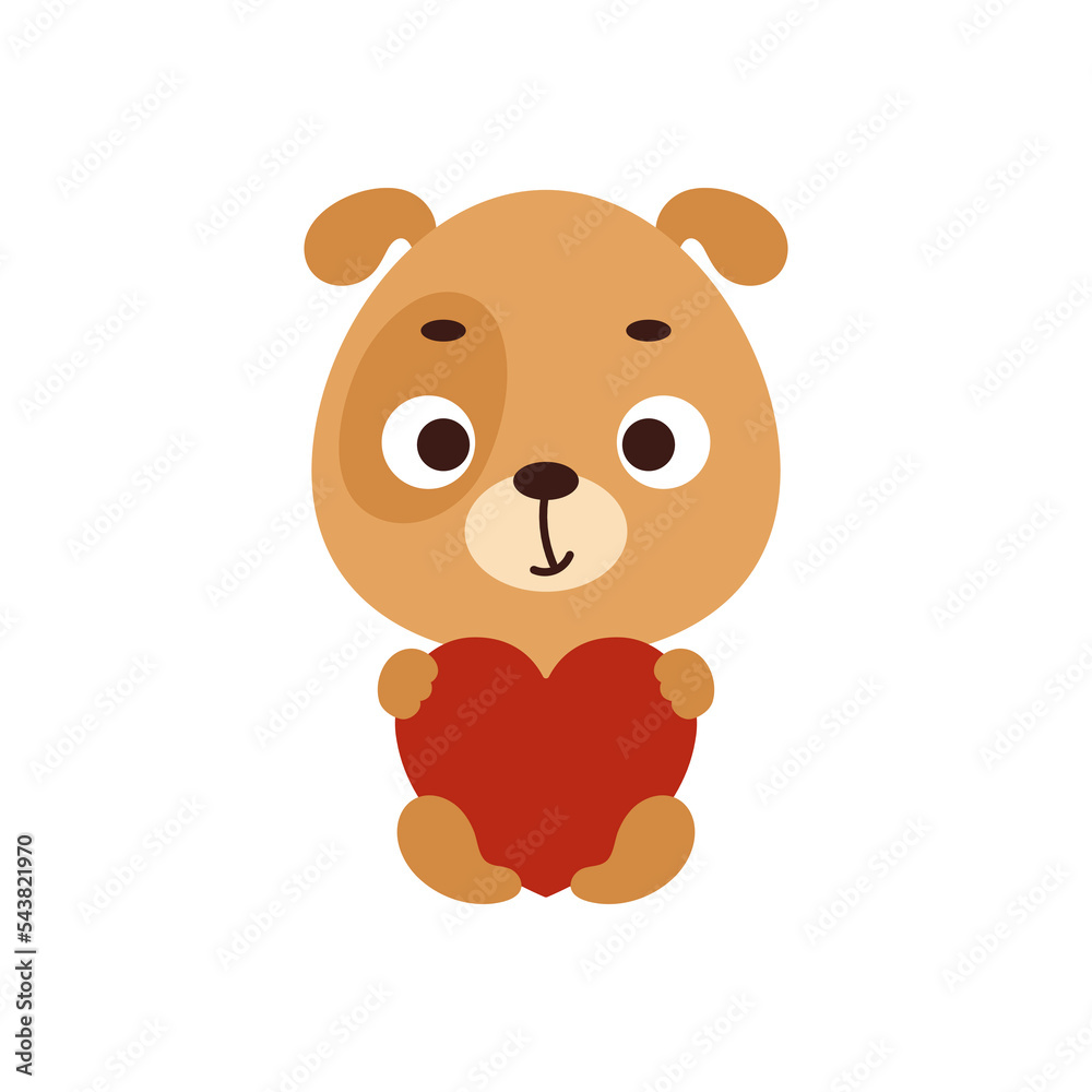 Naklejka premium Cute little dog sitting and holding heart on white background. Cartoon animal character for kids t-shirt, nursery decoration, baby shower, greeting card, house interior. Vector stock illustration