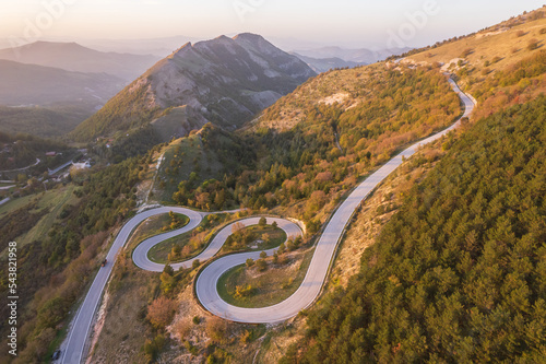 Aerial view of curvy road on monte Nerone slope in Marche region in Italy