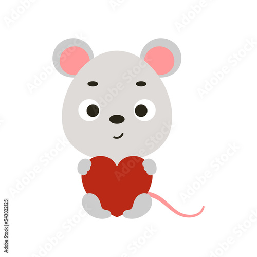 Cute little mouse sitting and holding heart on white background. Cartoon animal character for kids t-shirt, nursery decoration, baby shower, greeting card, house interior. Vector stock illustration