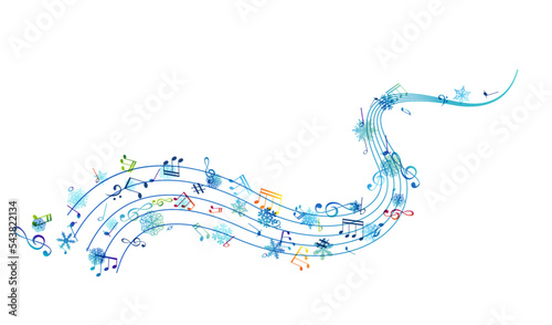 Snow melody. Winter decoration element from flying music notes and ornamental snowflakes. Christmas or new year song concept. Ornamental decor from swirl line