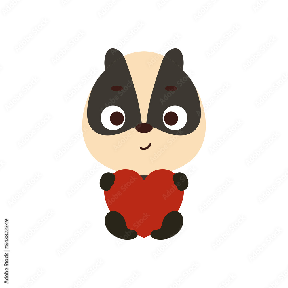 Cute little badger sitting and holding heart on white background. Cartoon animal character for kids t-shirt, nursery decoration, baby shower, greeting card, house interior. Vector stock illustration Cute little badger sitting and holding heart on white background. Cartoon animal character for kids t-shirt, nursery decoration, baby shower, greeting card, house interior. Vector stock illustration