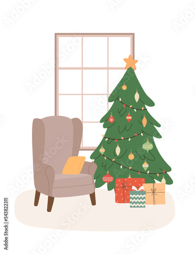 Cozy living room with Christmas tree and gifts. Happy New Year.  ..Winter holidays interior with armchair and presents. Flat vector illustration