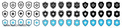 Health shield protection icon collection. Shield with cross sign. Medical protection steel guard symbol vector illustration