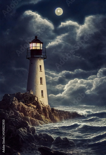 A lighthouse lashed by waves during a storm