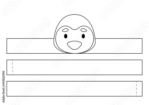 Printable penguin paper crown. Diy cut party ribbon template for birthday, Christmas, baby shower. Fun accessory for entertainment. Print, color, cut and glue. Vector stock illustration