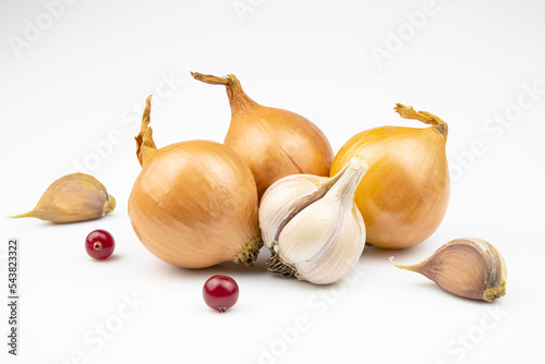 Onion, cranberry, garlic seeds isolated on a white background.