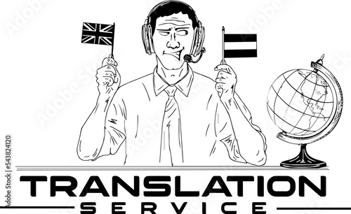 Translation service logo, man wearing headphones and holding different country flags, giving translation service, communication and technology concept vector clipart and illustration, translator man s