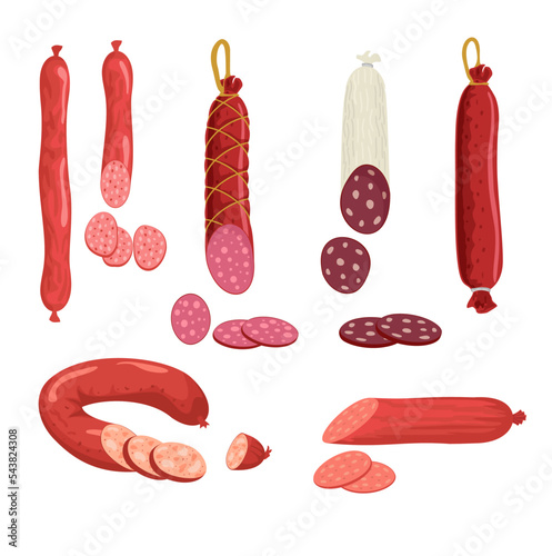 Salami, pepperoni smoked sausage, beef meat and Ham farm or butcher store production. Fresh meat products. Design elements for market advert
