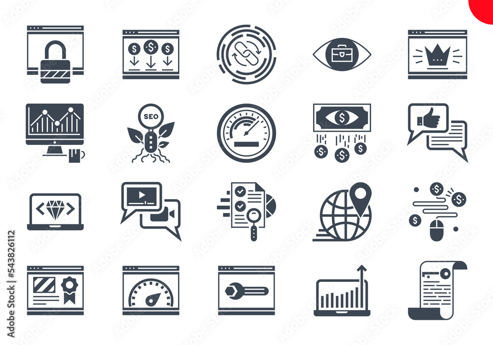 SEO Thin Glyph Related Icons Set on White Background. Simple Pictogram Pack Solid Logo Concept for Web Graphics