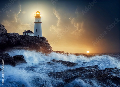 Fantasy concept showing a Lighthouse at sunset. digital art style, illustration painting