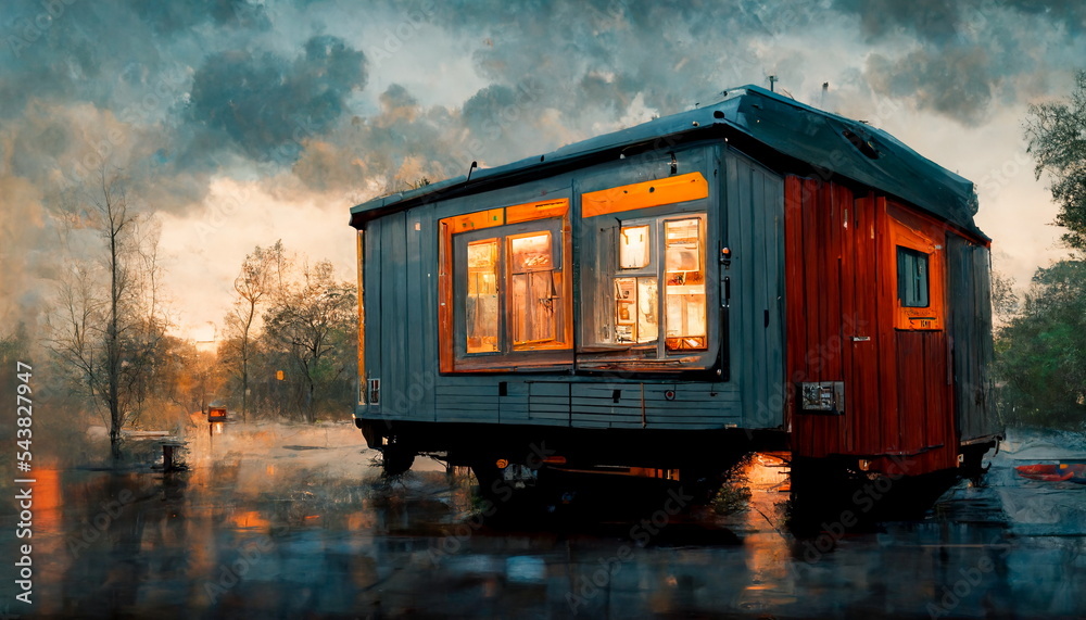 Tiny house, mini houses, bungalows, container homes fantasy concept. Digital art style, illustration painting