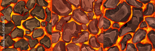 Lava, magma with stones in cartoon style seamless pattern background. Eruption effect, landscape. Texture, design