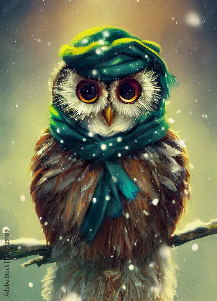 Christmas fantasy concept of an owl sitting on a branch in winter. digital art style, illustration painting