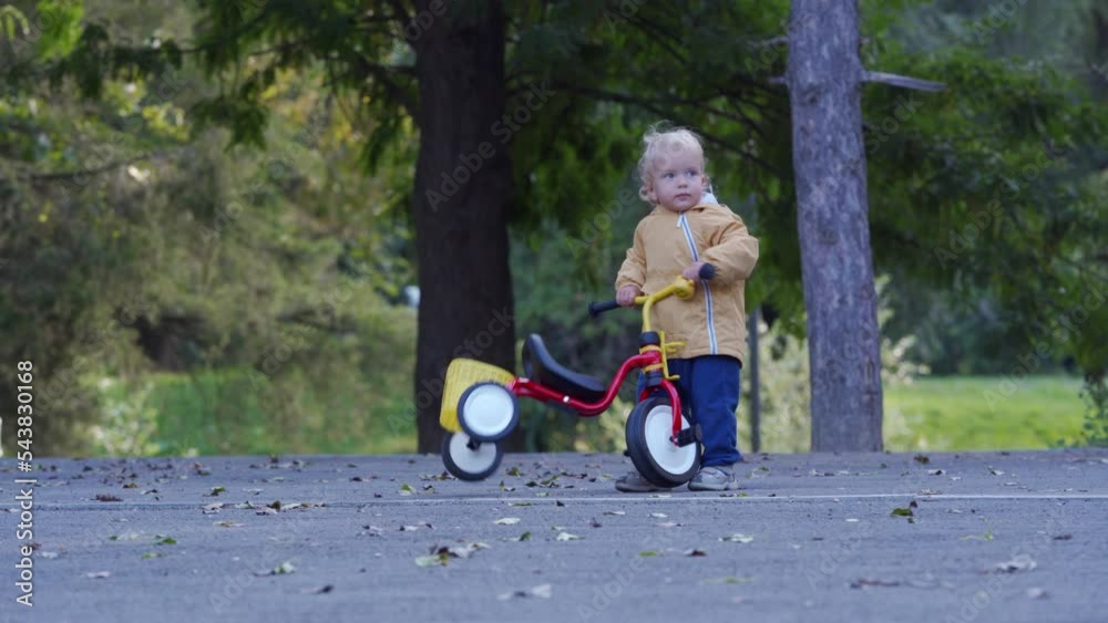 Happy kid having fun learning to ride tricycle for toddlers outdoors, 1.5 year old child playing with red yellow tricycle for younger kids in the park Happy kid having fun learning to ride tricycle for toddlers outdoors, 1.5 year old child playing with red yellow tricycle for younger kids in the park