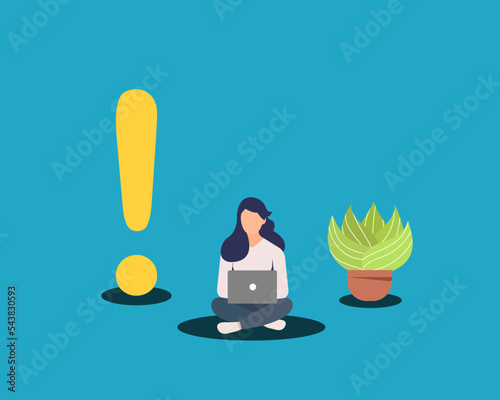 Woman working on the floor There is an exclamation mark on the side. The concept of working will have obstacles and problems that come to surprise us. and have to solve problems