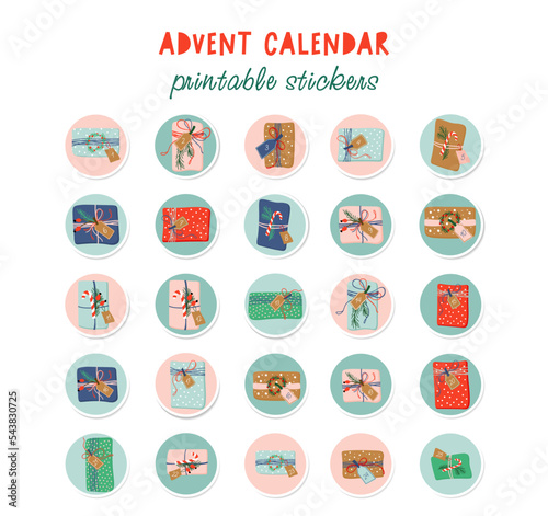 Christmas Advent Calendar. Round printable sticker collection for traditional Christmas countdown calendar. Vector illustration of colorful gift boxes with winter decor.