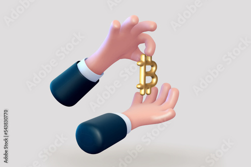 3D cartoon business man hand giving Bitcoin cryptocurrency sign. Concept of digital blockchain, cryptocurrency mining and crypto investing. Golden Bitcoin icon in human hand. Vector illustration.