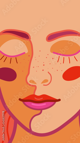 A bright art card with a picture of a woman's face with closed eyes in a rich color scheme