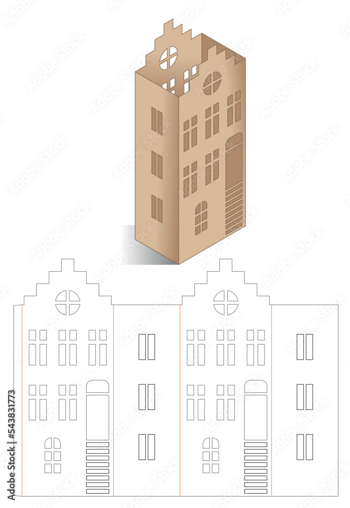 Christmas light box template for laser cut. Silhouette of Amsterdam style paper houses lantern. Paper cutout. Wood carving template. Scalable vector.	
