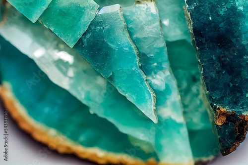 Amazing macro closeup of green blue rare fluorite mineral specimen isolated on white background. Rare double color mineral gem stone